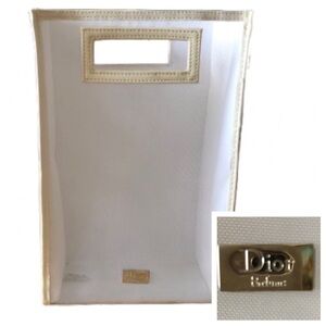 DIOR PARFUMS WHITE/CREAM COSMETIC BAG • MESH FRONT • QUILTED BOTTOM AND BACK